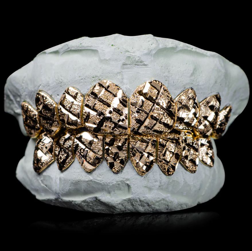 SOLID GOLD DIAMOND CUT WITH DIAMOND DUST GRILLZ [CUSTOM-FIT]